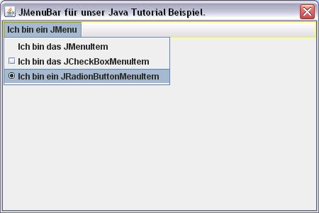 Screenshot unseres JRadioButtonMenuItems aus unserem 
Java Tutorial
